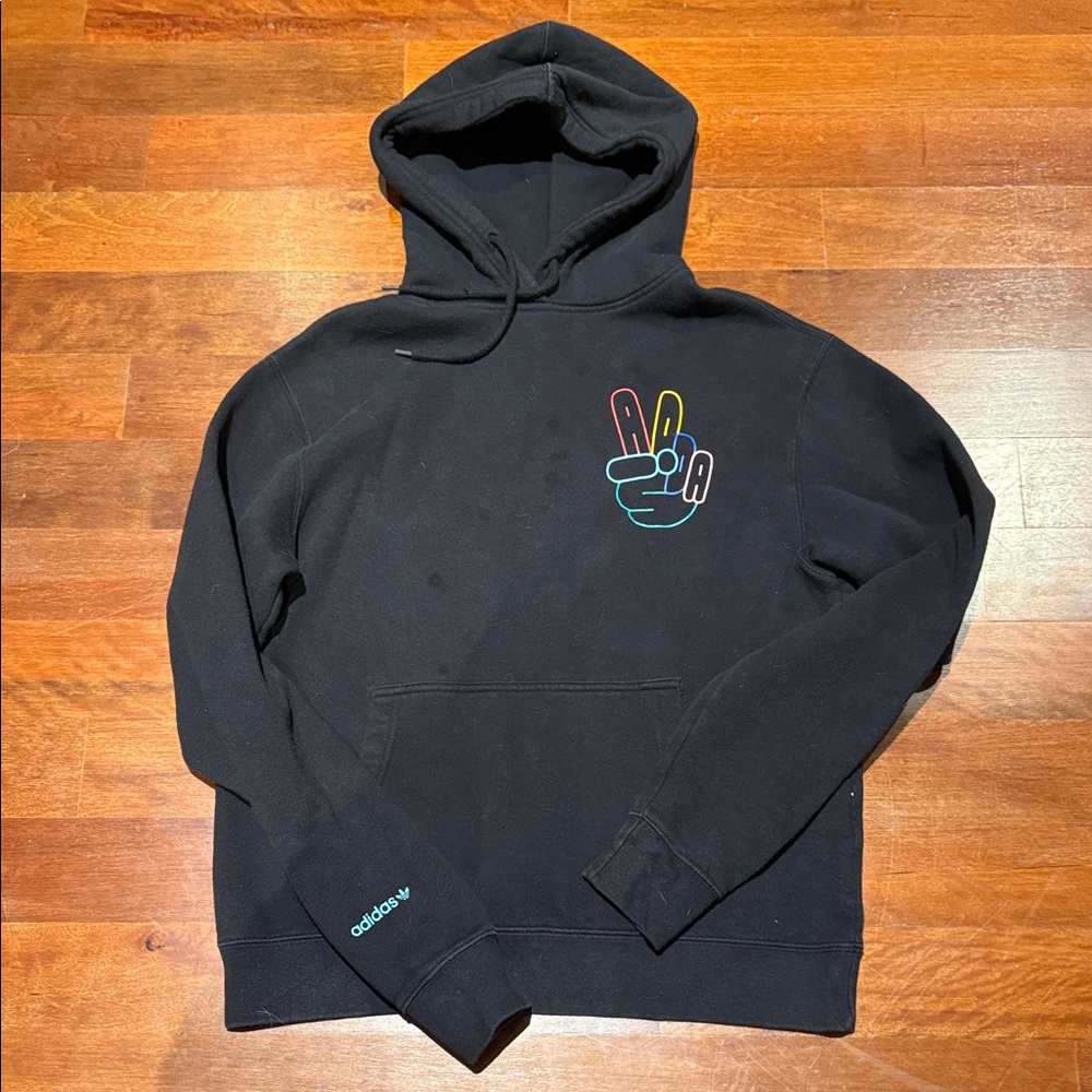 Adidas Black Hoodie with Multicolor Peace Graphic youth size s/m